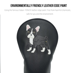 Black French Bulldog PU Leather Golf Club Covers Driver Headcovers Fairway Woods Hybrid Protector with Interchangeable Number Tag - CHEZBABY GOLF COVER