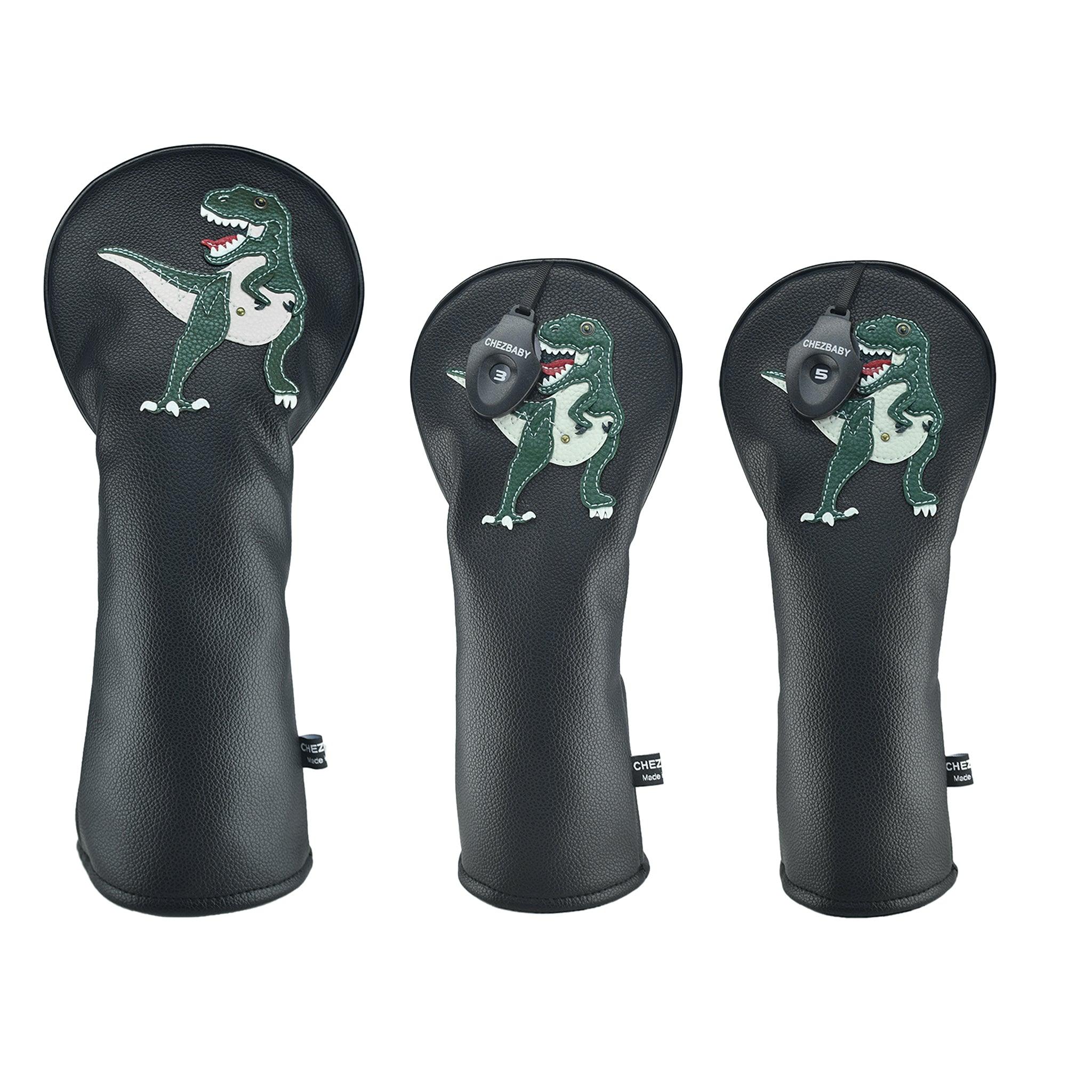 T Rex PU Leather Golf Club Covers Driver Headcovers Fairway Woods Hybrid Protector with Interchangeable Number Tag - CHEZBABY GOLF COVER