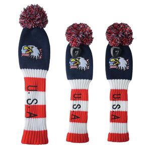 Original Eagle USA Flag Golf Club Head Covers Set 135 UT Driver Wood Fairway Hybrids Sock Knit Gift Embroidered 460cc POM POM - CHEZBABY GOLF COVER