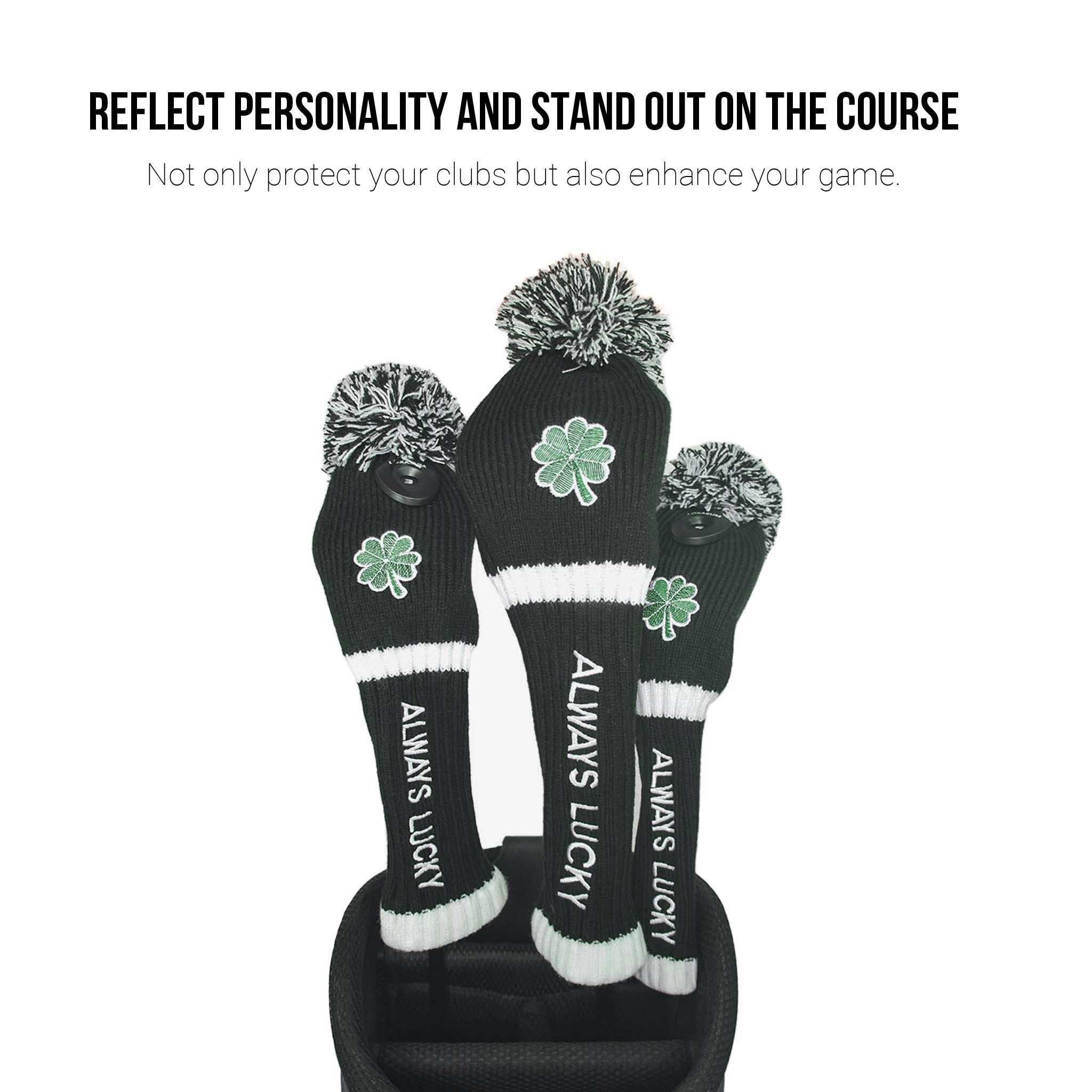Original Clover Golf Club Head Covers Set 135 UT Driver Wood Fairway Hybrids Sock Knit St. Patricks Day Gift Embroidered Always Lucky 460cc POM POM - CHEZBABY GOLF COVER