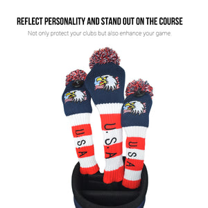 Original Eagle USA Flag Golf Club Head Covers Set 135 UT Driver Wood Fairway Hybrids Sock Knit Gift Embroidered 460cc POM POM - CHEZBABY GOLF COVER