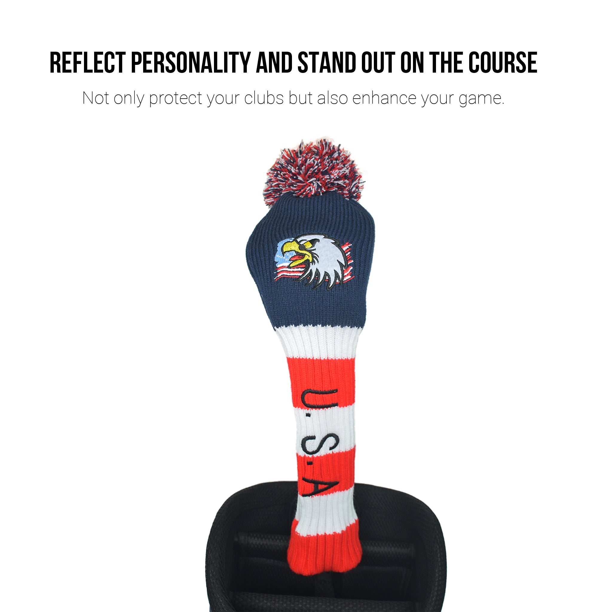 Original Eagle USA Flag Golf Club Head Covers Set 135 UT Driver Wood Fairway Hybrids Sock Knit Gift Embroidered 460cc POM POM - CHEZBABY GOLF COVER