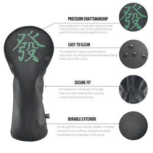 Mahjong Green Dragon PU Leather Golf Club Covers Driver Headcovers Fairway Woods Hybrid Protector with Interchangeable Number Tag - CHEZBABY GOLF COVER