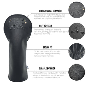 Black Bear PU Leather Golf Club Covers Driver Headcovers Fairway Woods Hybrid Protector with Interchangeable Number Tag - CHEZBABY GOLF COVER