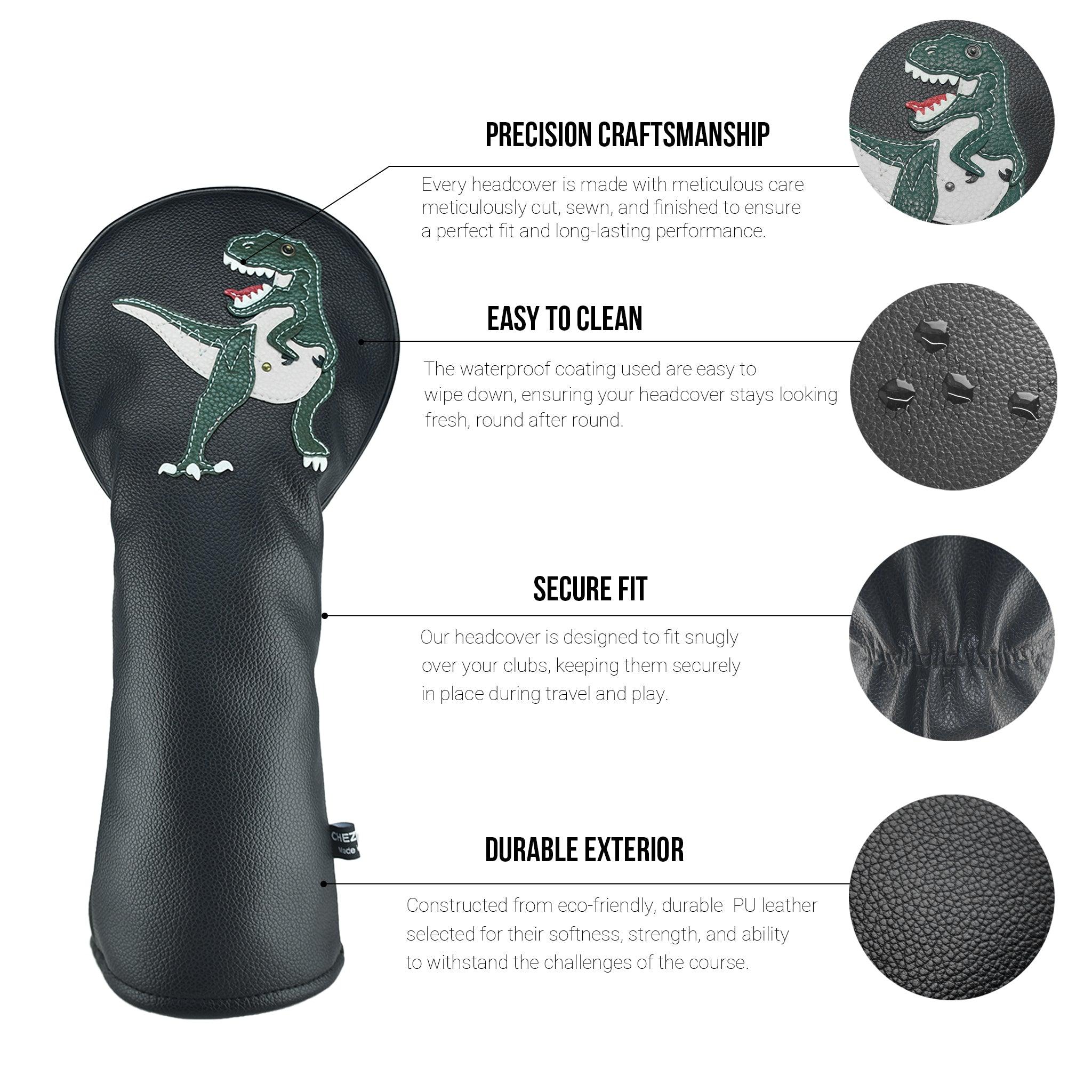 T Rex PU Leather Golf Club Covers Driver Headcovers Fairway Woods Hybrid Protector with Interchangeable Number Tag - CHEZBABY GOLF COVER