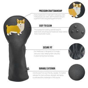 Corgi PU Leather Golf Club Covers Driver Headcovers Fairway Woods Hybrid Protector with Interchangeable Number Tag - CHEZBABY GOLF COVER
