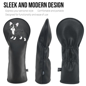 Black French Bulldog PU Leather Golf Club Covers Driver Headcovers Fairway Woods Hybrid Protector with Interchangeable Number Tag - CHEZBABY GOLF COVER