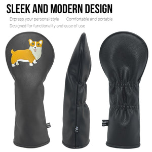 Corgi PU Leather Golf Club Covers Driver Headcovers Fairway Woods Hybrid Protector with Interchangeable Number Tag - CHEZBABY GOLF COVER
