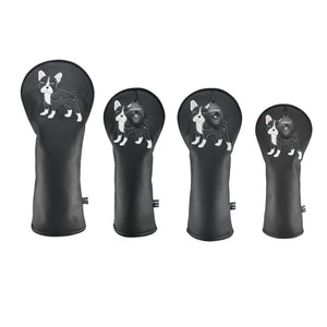 Black French Bulldog PU Leather Golf Club Covers Driver Headcovers Fairway Woods Hybrid Protector with Interchangeable Number Tag - CHEZBABY GOLF COVER