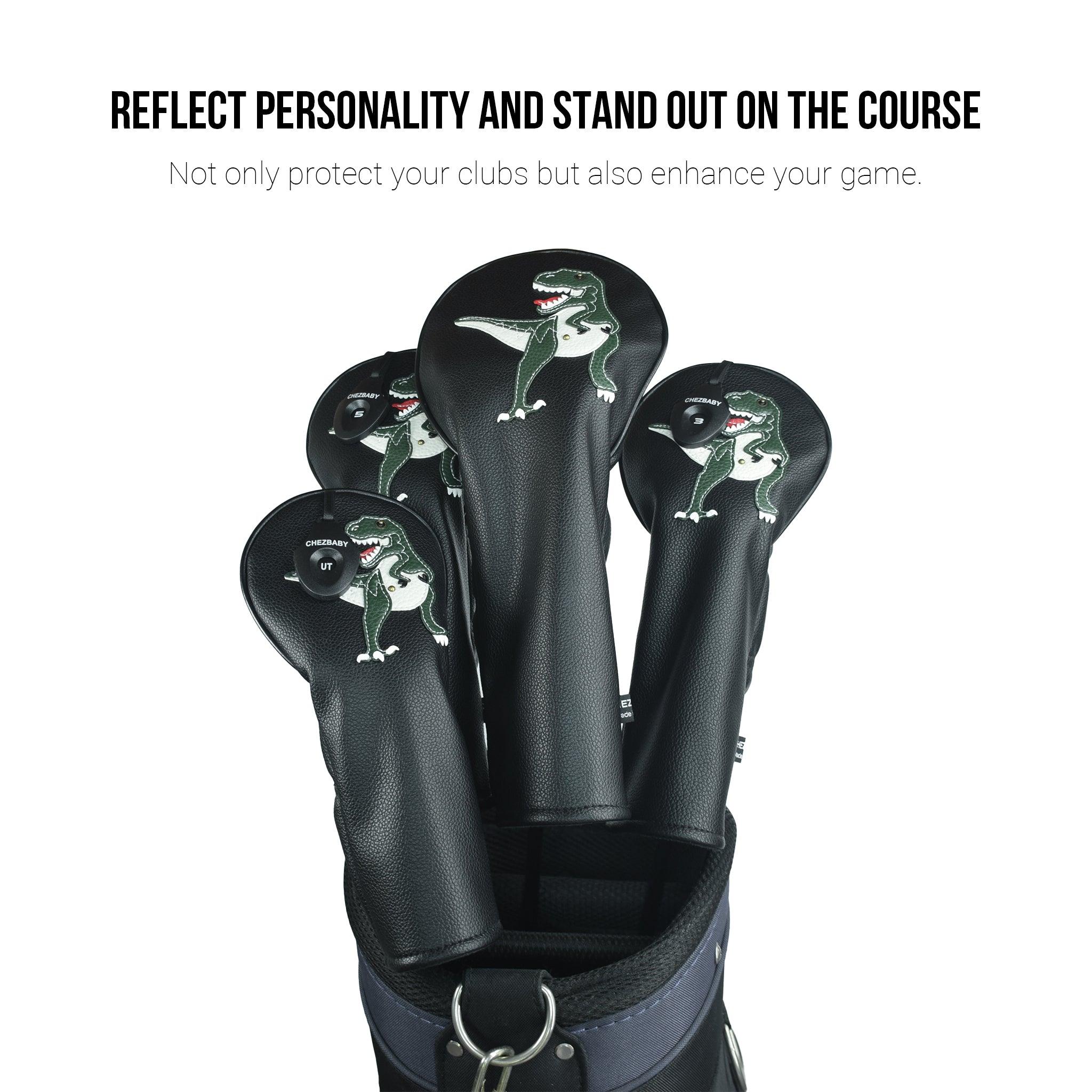 T Rex PU Leather Golf Club Covers Driver Headcovers Fairway Woods Hybrid Protector with Interchangeable Number Tag - CHEZBABY GOLF COVER