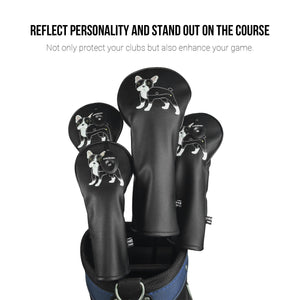 Black French Bulldog PU Leather Golf Club Covers Driver Headcovers Fairway Woods Hybrid Protector with Interchangeable Number Tag - CHEZBABY GOLF COVER