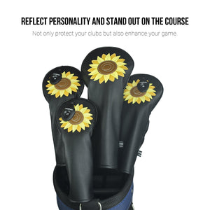 Sunflower PU Leather Golf Club Covers Driver Headcovers Fairway Woods Hybrid Protector with Interchangeable Number Tag - CHEZBABY GOLF COVER
