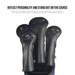 Black Bear PU Leather Golf Club Covers Driver Headcovers Fairway Woods Hybrid Protector with Interchangeable Number Tag - CHEZBABY GOLF COVER