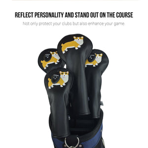 Corgi PU Leather Golf Club Covers Driver Headcovers Fairway Woods Hybrid Protector with Interchangeable Number Tag - CHEZBABY GOLF COVER