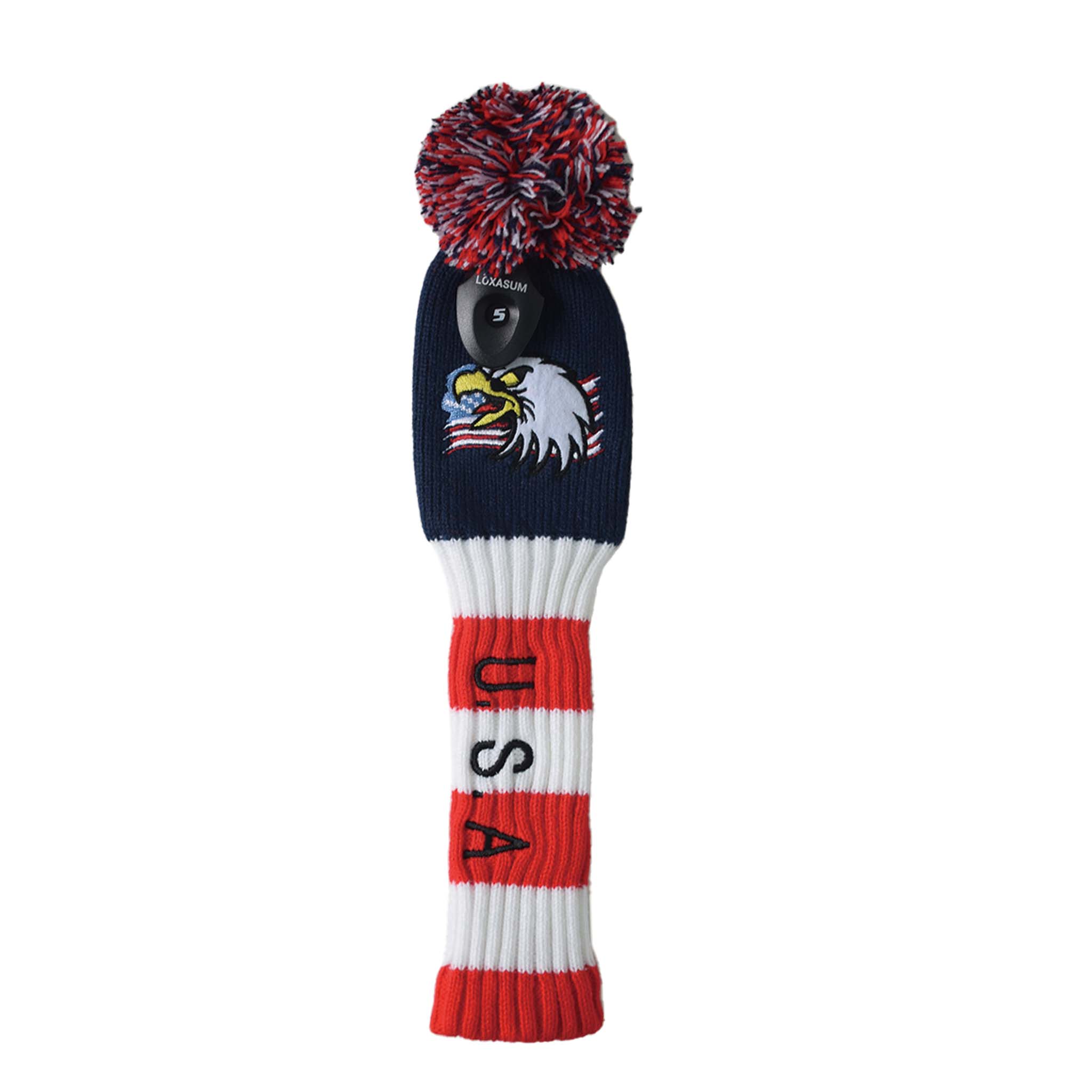 Original Eagle USA Flag Golf Club Head Covers Set 135 UT Driver Wood Fairway Hybrids Sock Knit Gift Embroidered 460cc POM POM - CHEZBABY GOLF COVER
