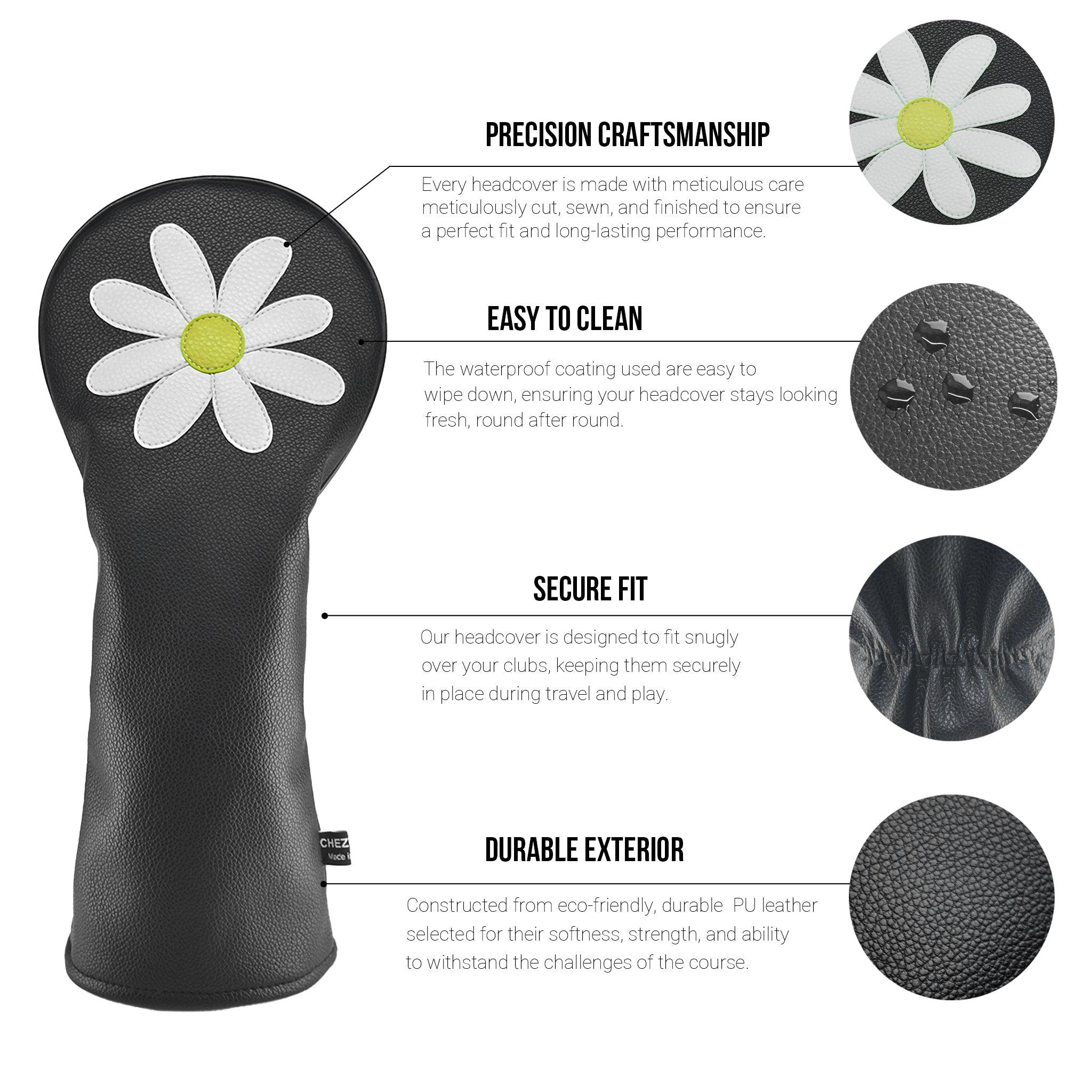Daisy PU Leather Golf Club Covers Driver Headcovers Fairway Woods Hybrid Protector with Interchangeable Number Tag - CHEZBABY GOLF COVER