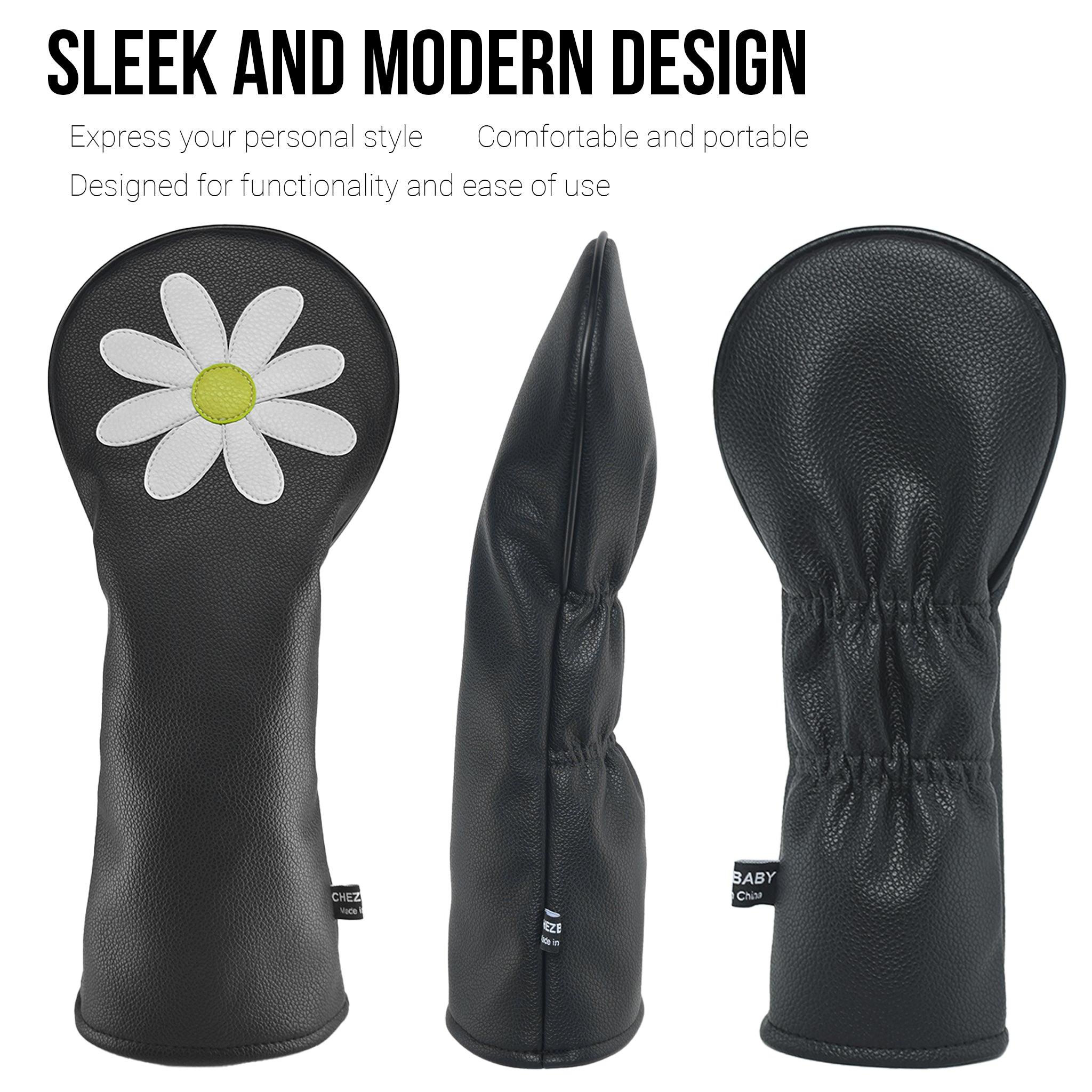 Daisy PU Leather Golf Club Covers Driver Headcovers Fairway Woods Hybrid Protector with Interchangeable Number Tag - CHEZBABY GOLF COVER