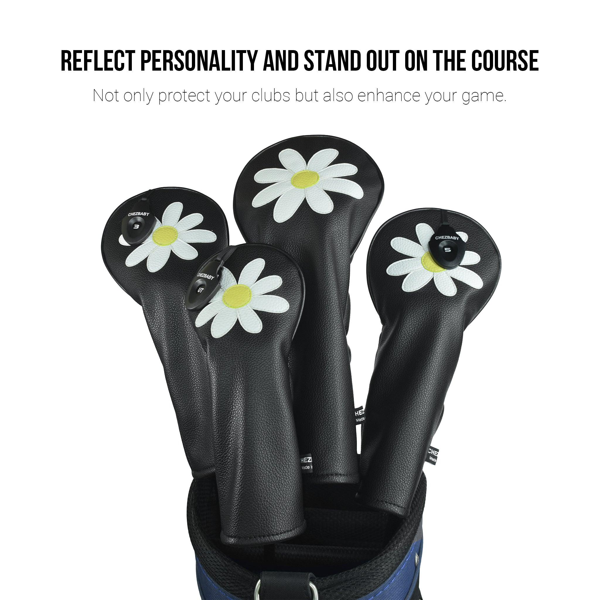 Daisy PU Leather Golf Club Covers Driver Headcovers Fairway Woods Hybrid Protector with Interchangeable Number Tag - CHEZBABY GOLF COVER