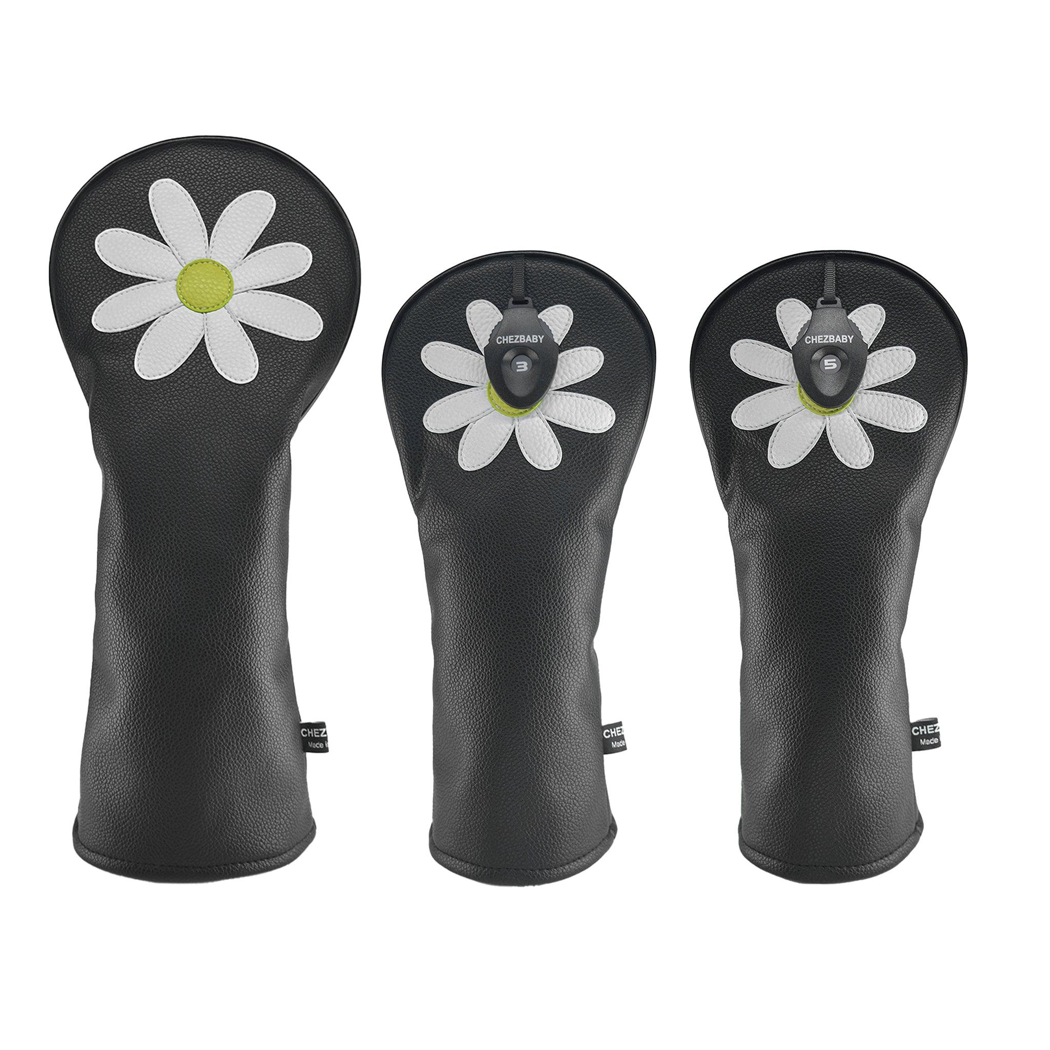 Daisy PU Leather Golf Club Covers Driver Headcovers Fairway Woods Hybrid Protector with Interchangeable Number Tag - CHEZBABY GOLF COVER