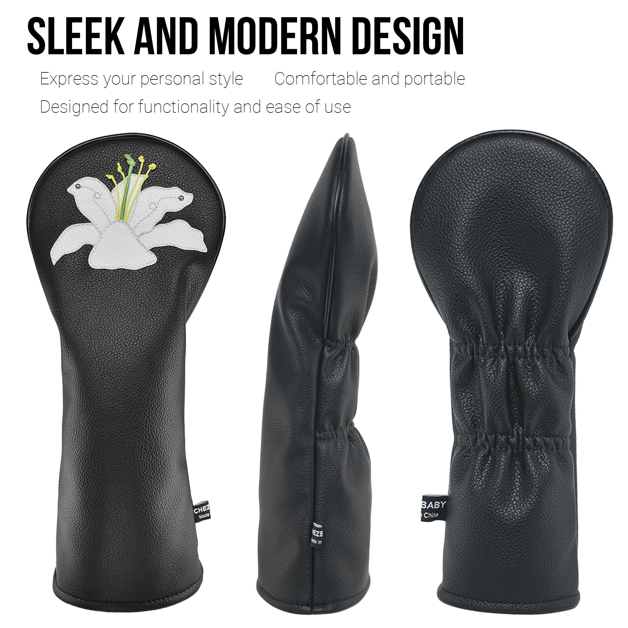 Lily PU Leather Golf Club Covers Driver Headcovers Fairway Woods Hybrid Protector with Interchangeable Number Tag - CHEZBABY GOLF COVER