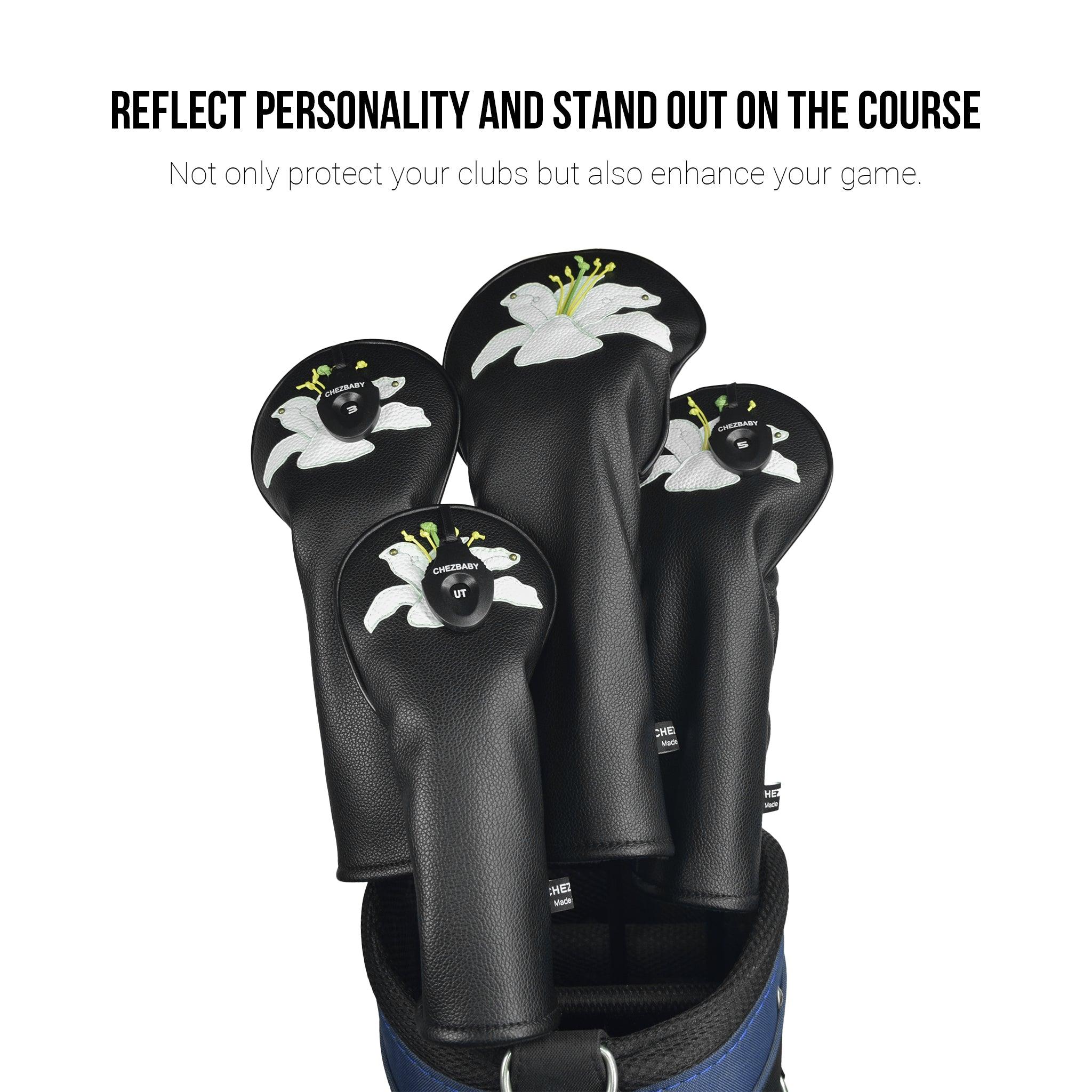 Lily PU Leather Golf Club Covers Driver Headcovers Fairway Woods Hybrid Protector with Interchangeable Number Tag - CHEZBABY GOLF COVER