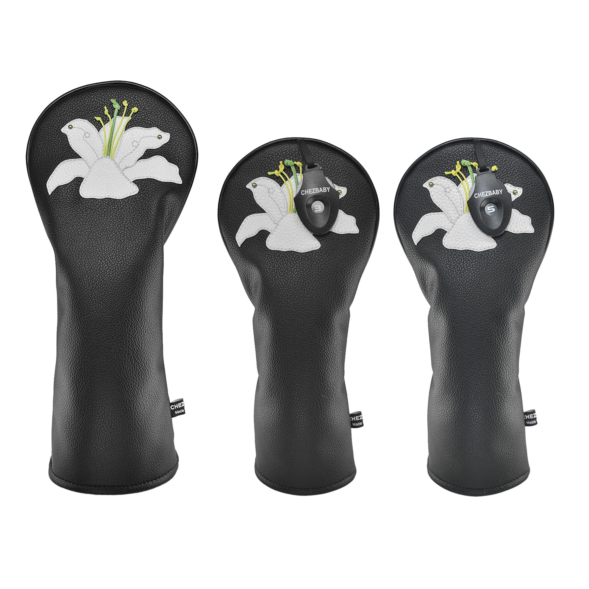 Lily PU Leather Golf Club Covers Driver Headcovers Fairway Woods Hybrid Protector with Interchangeable Number Tag - CHEZBABY GOLF COVER