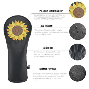 Sunflower PU Leather Golf Club Covers Driver Headcovers Fairway Woods Hybrid Protector with Interchangeable Number Tag - CHEZBABY GOLF COVER
