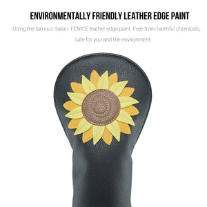 Sunflower PU Leather Golf Club Covers Driver Headcovers Fairway Woods Hybrid Protector with Interchangeable Number Tag - CHEZBABY GOLF COVER