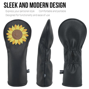 Sunflower PU Leather Golf Club Covers Driver Headcovers Fairway Woods Hybrid Protector with Interchangeable Number Tag - CHEZBABY GOLF COVER